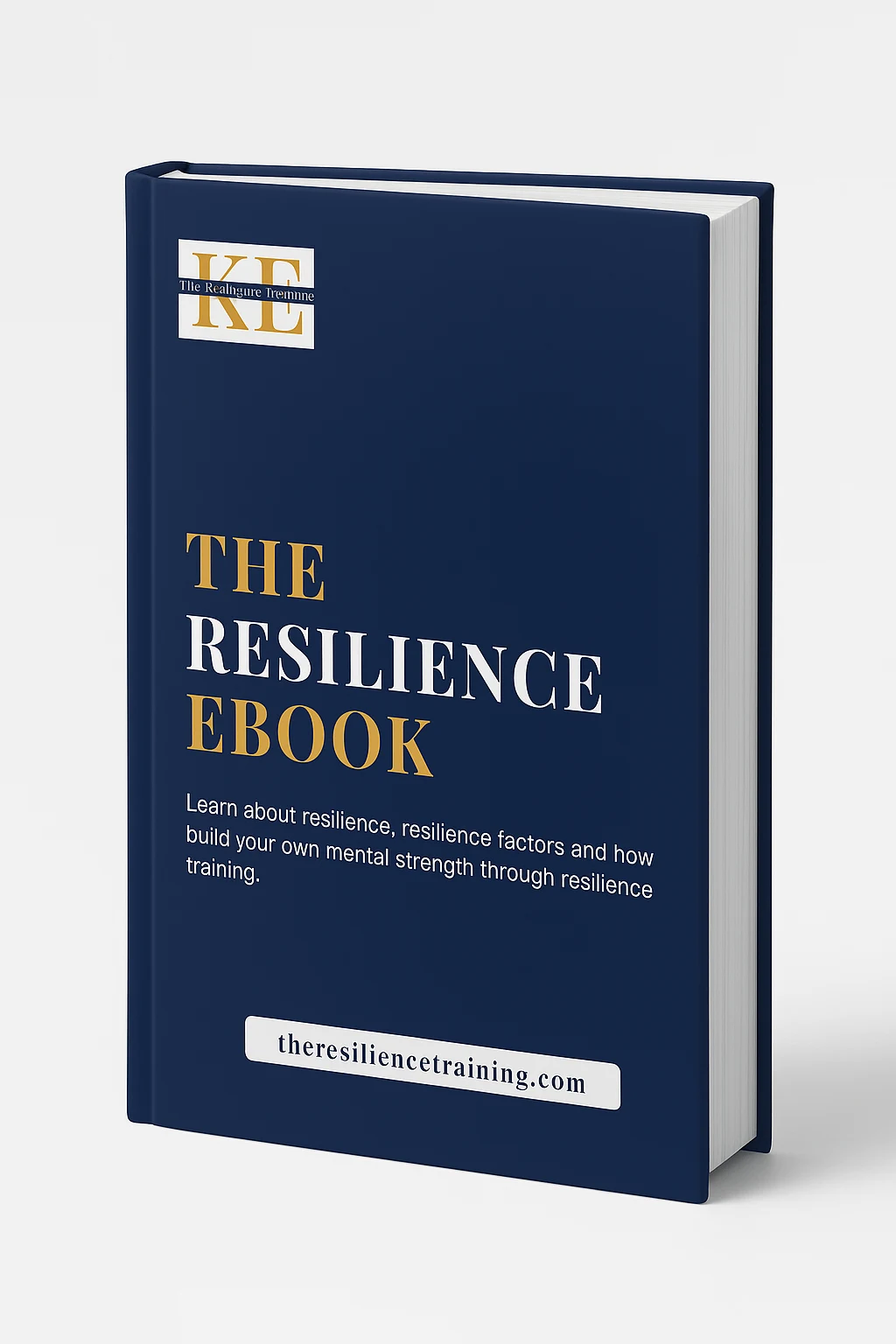 3D illustration of a hardcover book titled “The Resilience Ebook” in navy blue with a gold logo, shown upright on a light background.